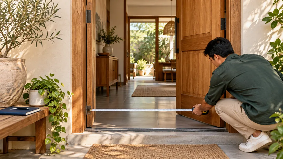 Minh họa người đo khoảng cửa trong ngôi nhà có cửa gỗ và cây xanh