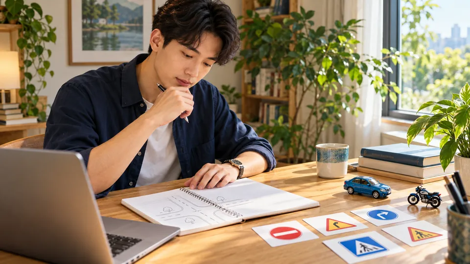 Minh họa người học ghi chú câu hỏi bên bàn học có xe mô hình