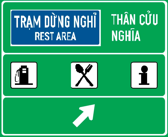 Biển số IE.456b chỉ dẫn hướng rẽ đến trạm dừng nghỉ